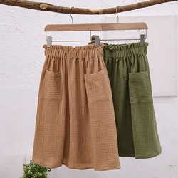 100% Cotton Gauze Pleated Elastic Waist Girls Skirts 2024 Summer New Casual Loose Retro Skirt With Pockets