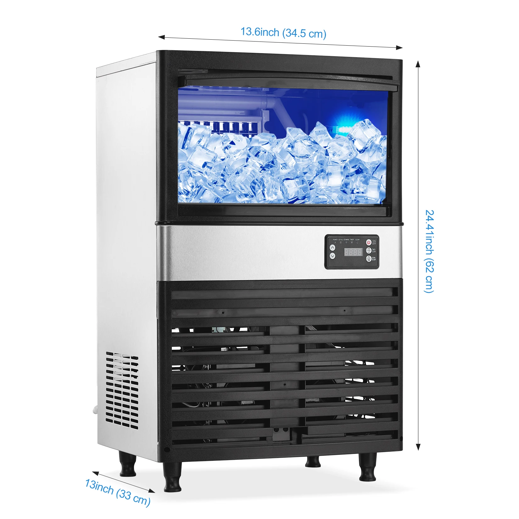 Commercial Ice Maker Machine, 130Lbs/24H, 27Lbs Storage Bin, 0.9Inch Thick Ice Cube Ice Machine Automatic Cleaning Function