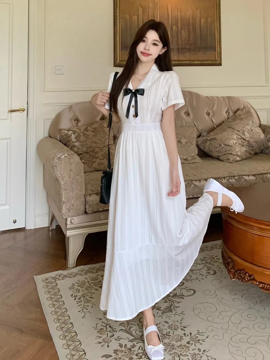 

plus Size Women's White Dress with Bow Waist Cinching Knee-Length Short-Sleeve A-Line Korean Style Commute Dress Summer