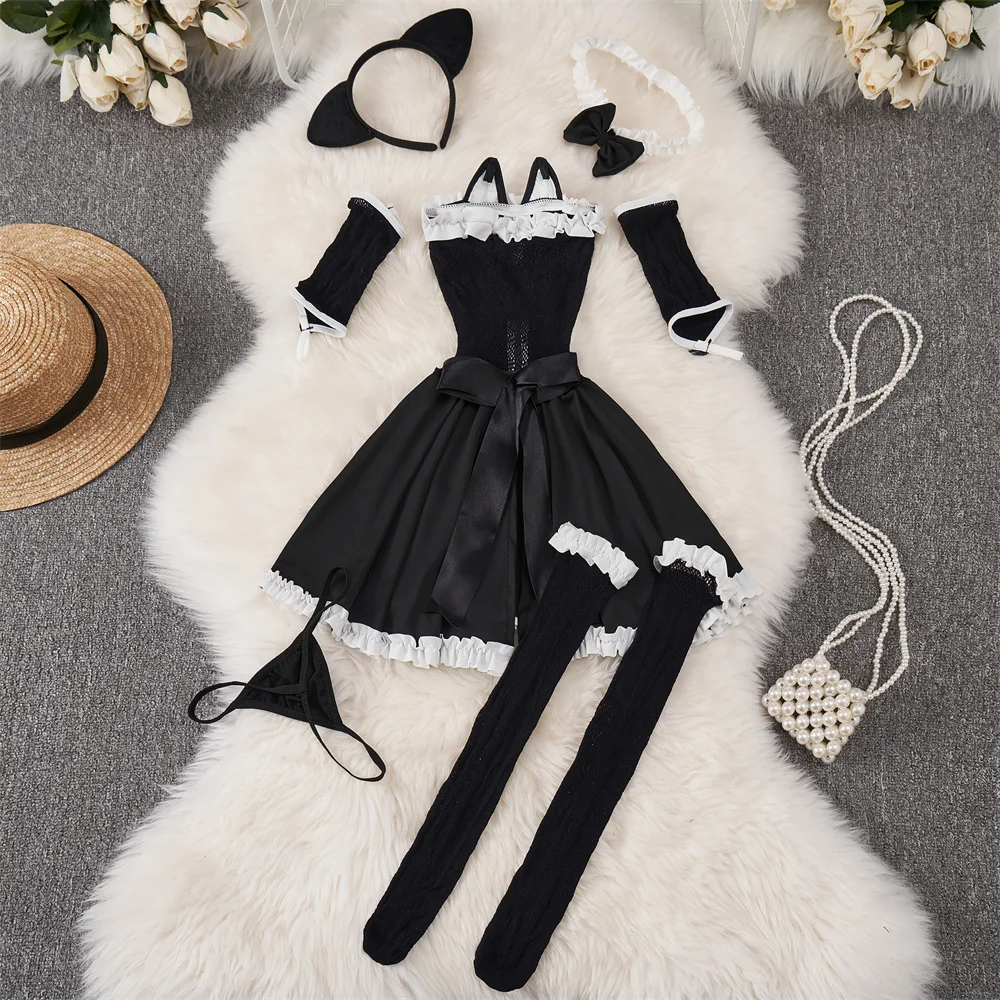 Sweet Cute Lolita Women Dress Wrap Chest Ruffle Bow Pleat Cake Skirt Sexy Erotic Lingerie Cosplay Nightgown Evening Dress Pajama