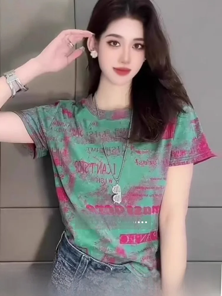 Summer Women's Short Sleeve T-Shirt Tag Removed plus Size Versatile Top Korean Style Straight Cut Cool Feeling Pure Color