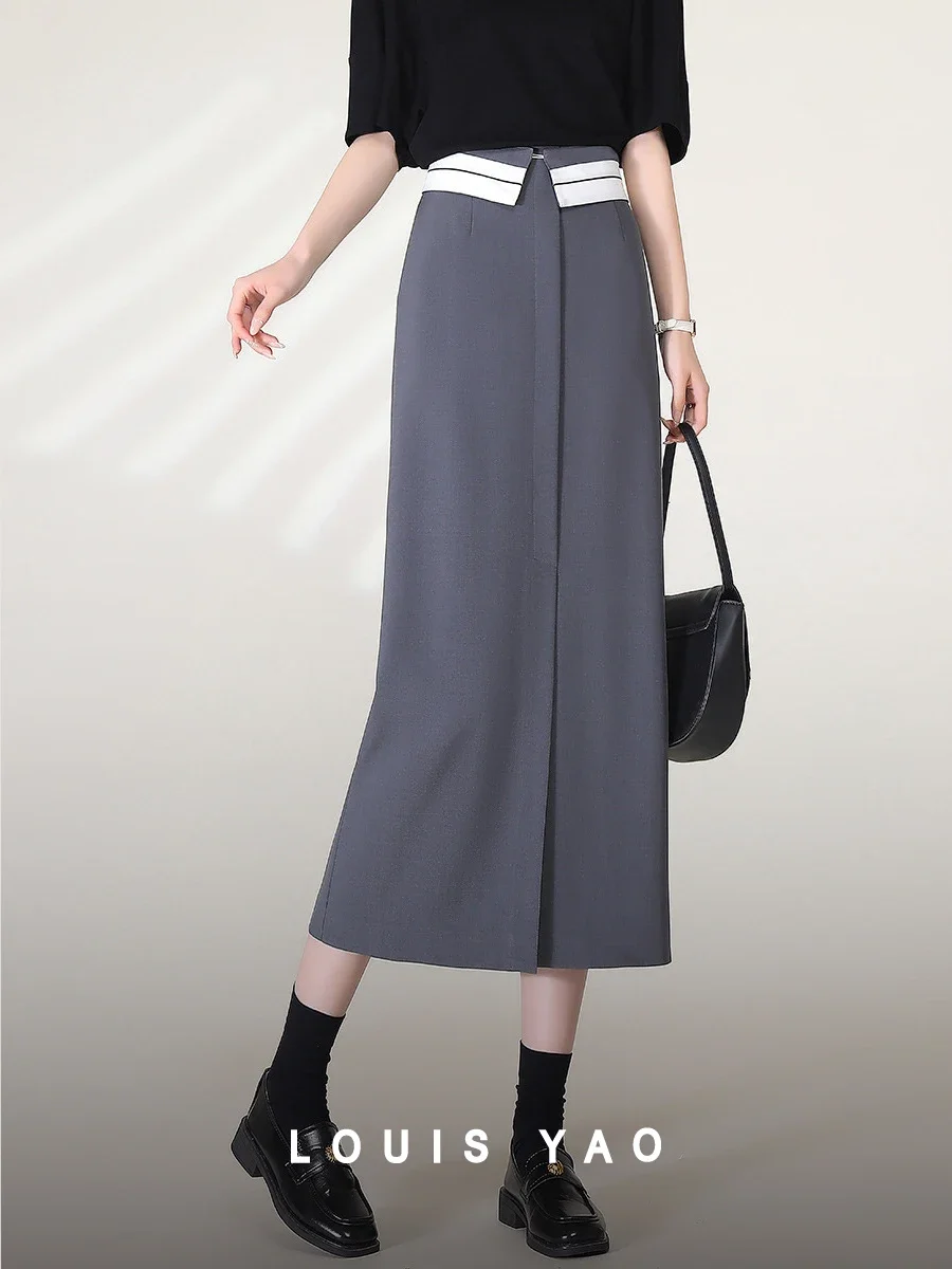 

LOUIS YAO Women Skirt 2024 Spring New Straight Office Lady Casual Skirt with Detachable Girdle Gray Black Skirt