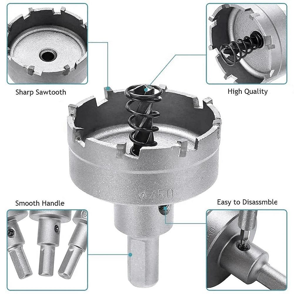 6Pcs 22-65mm Alloy Hole Saw Set Carbide Tip TCT Metal Cutter Core Drill Bit Kits for Stainless Steel Metal Drilling Crown