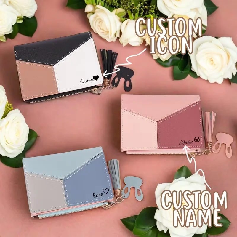 1Pc Personalized Custom Logo Name Fashion Pink Wallet, Featuring a Simple Sewing Design, Very Suitable as a Coin Purse for Your Girlfriend, or as a Perfect Holiday Gift for Your Family