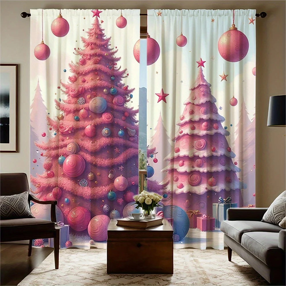 2pcs Festive Christmas Curtains - Pink & White Snowman & Tree Design, Semi-Transparent Polyester, Rod Pocket Style, Machine Wash