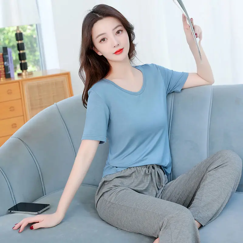 New style Pajamas female summertime Modal thin Short sleeve trousers Ice silk Cool feeling loungewear Large size 100 kg set