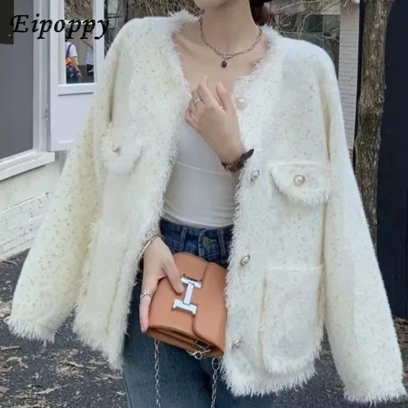 เสื้อคาร์ดิแกนถักสั้นสำหรับผู้หญิงเสื้อสเวตเตอร์ขนาดเล็กสไตล์ฝรั่งเศสฤดูใบไม้ร่วง