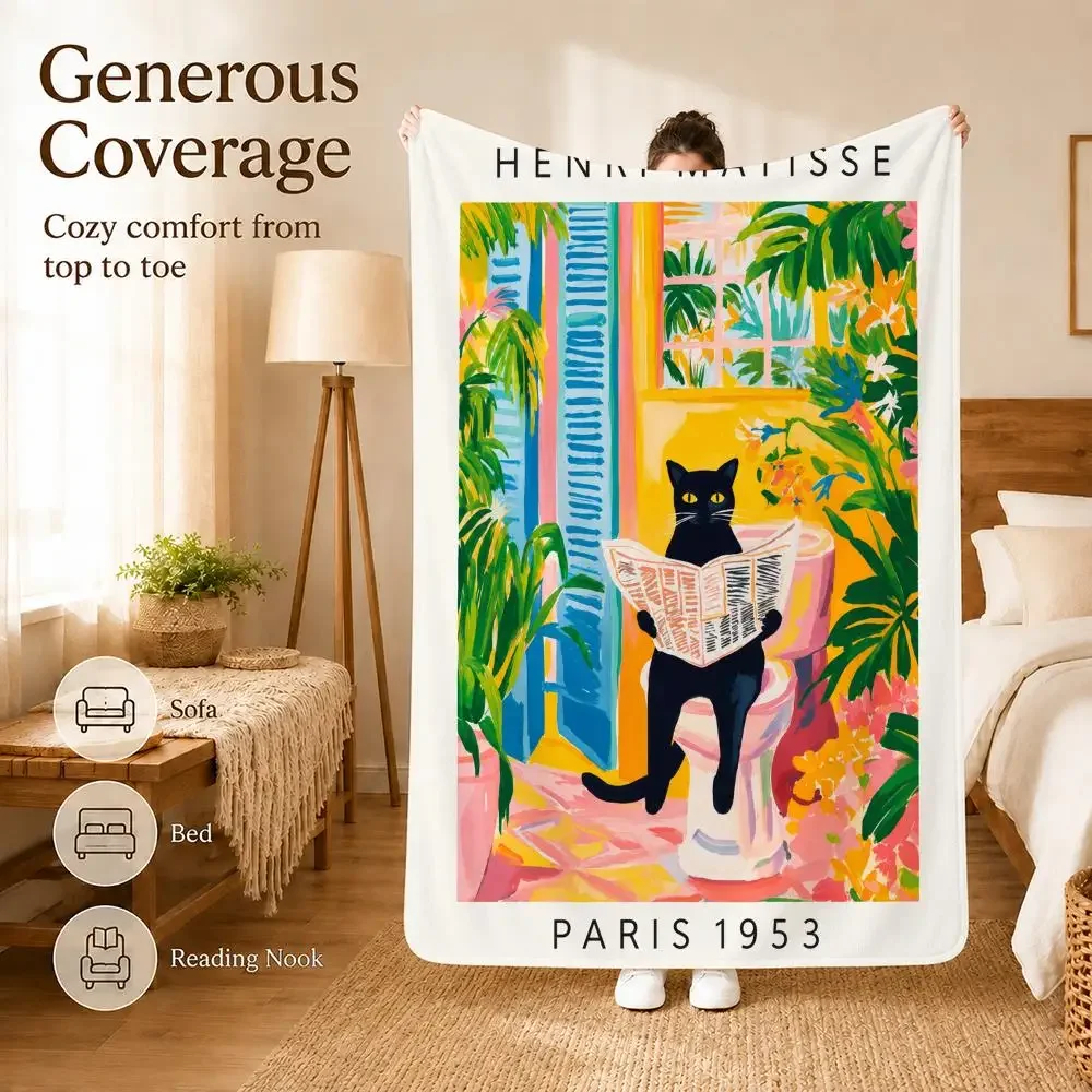 Black Cat on Toilet Throw Blanket Soft Flannel Throw Lightweight Summer Home Nap for Office Travel Sofa Bed
