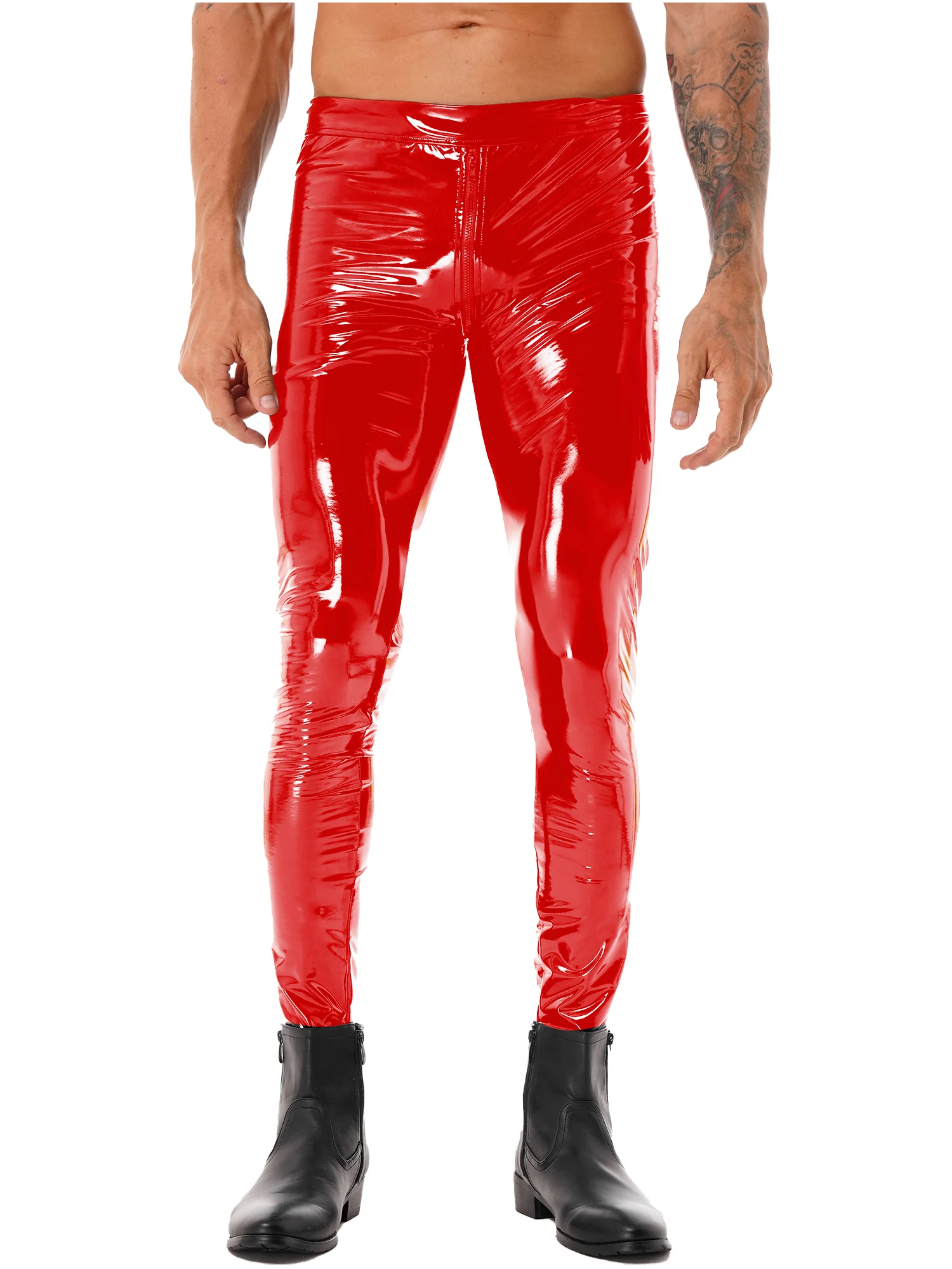 

#S-4XL Mens Wet Look Patent Leather Leggings Two-way Zipper Crotch Tight Long Trousers Skinny Pants Clubwear Latex Leggings