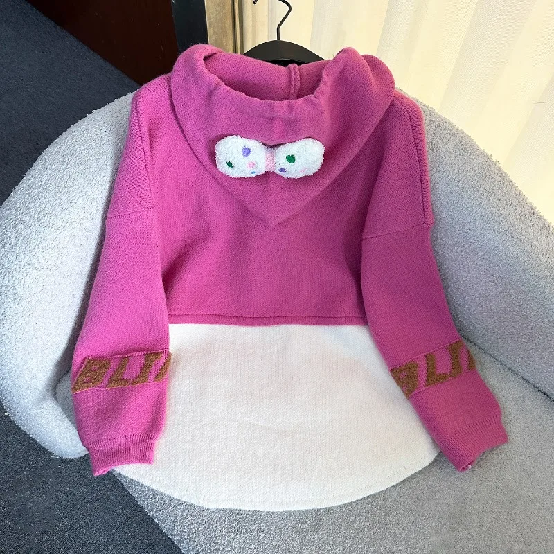 2025 Autumn New Sweet Age-Reducing Cartoon Color Block Hooded Knitted Sweater Women's Loose Casual Style Pullover Top Sweatshirt