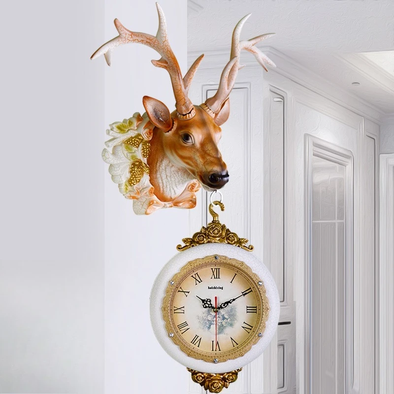 

American retro double-sided wall clock, living room deer head decoration hanging large silent watch