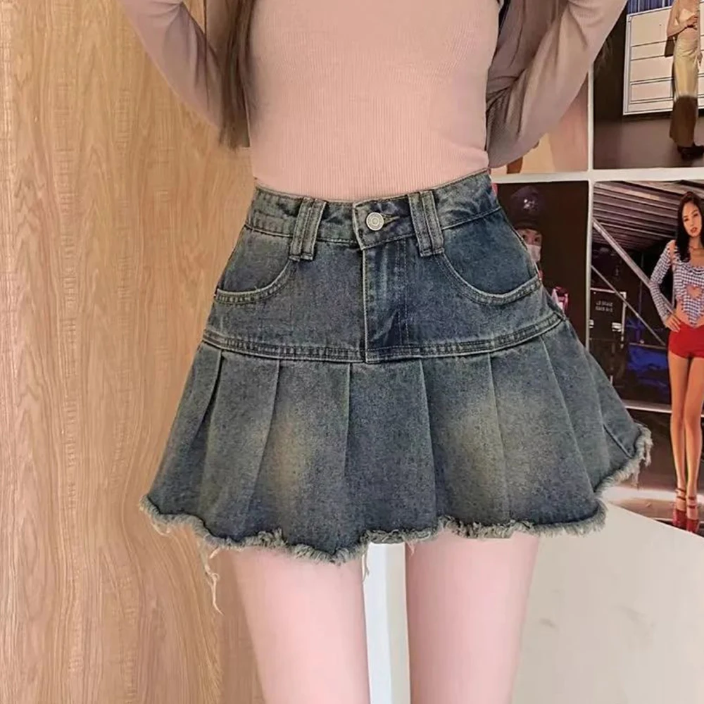 Mia Muse All Seasons  Women's Denim Skirts  Korean Casual Pleated High Waist Mini Skirts