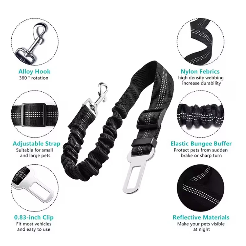Popular new reflective dog car seat belts with shock absorption function adjustable length pet car seat belts