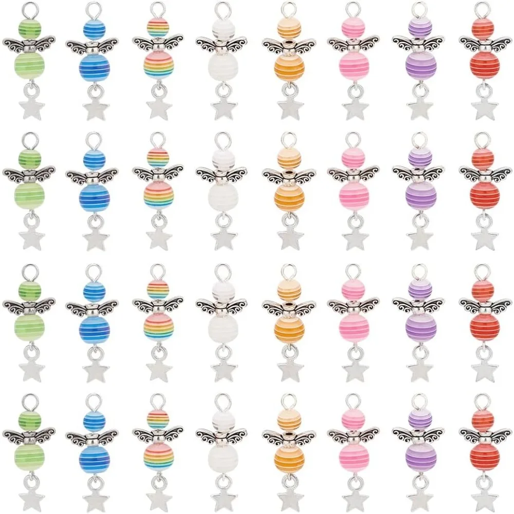 

32pcs Angel Wing Charm Colorful Angel Wings Pendant Alloy Resin Beads Pendants with Star Angel Wing Beads for Necklace Bracelet