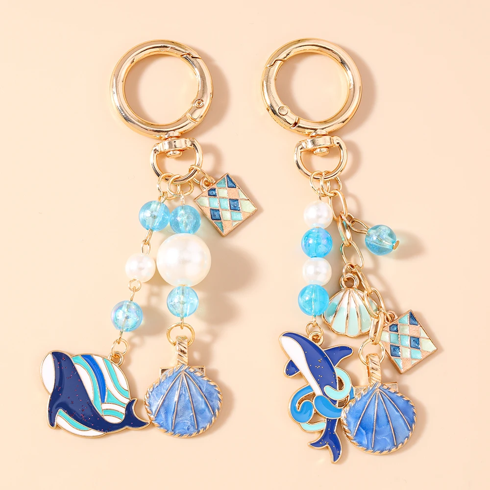 Fashion Enamel Shell Whale Keychain Crystal Pearl Key Ring Pendants for Women Girls Handbag Decor DIY Jewelry Gifts