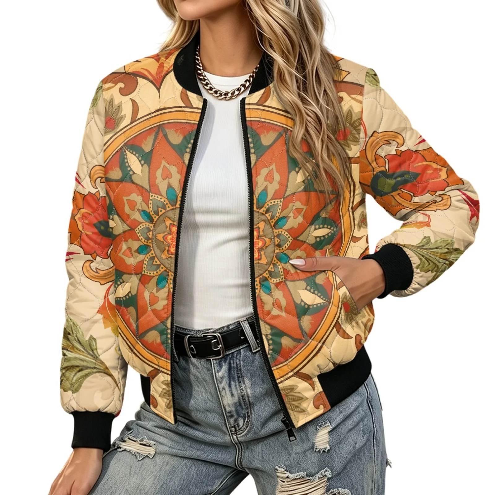 PENSTROLL Mandala Floral Womens Fall Winter Lightweight Padded Bomber Coat Water-Resistant Long Sleeve Coat for Vacation