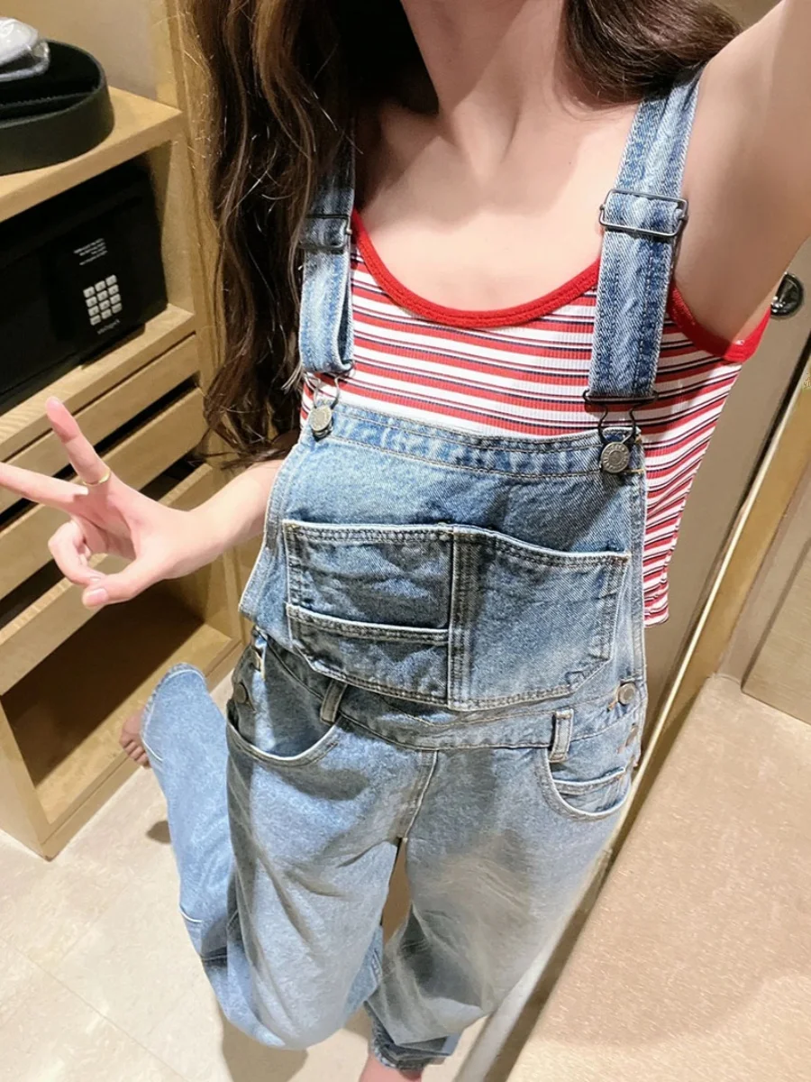 

Spring Autumn Vintage Denim Workwear Jumpsuit Slimming BM Anti Aging Straight Loose Strap Pants Wide Leg Long Pants