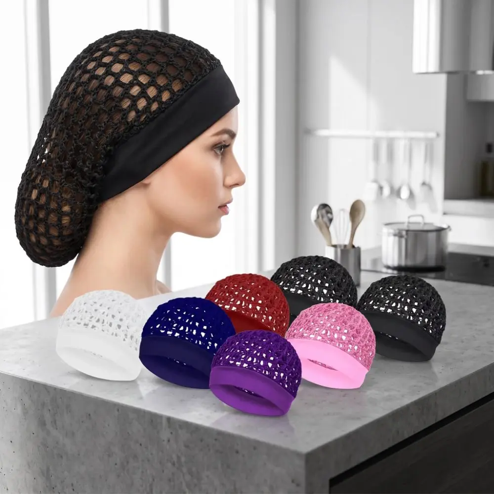 Solid Color Crochet Mesh Hair Net Hollow Out Mesh Sleep Cap Ultra-Wide Band Stretchy Hair Bonnet Sleeping