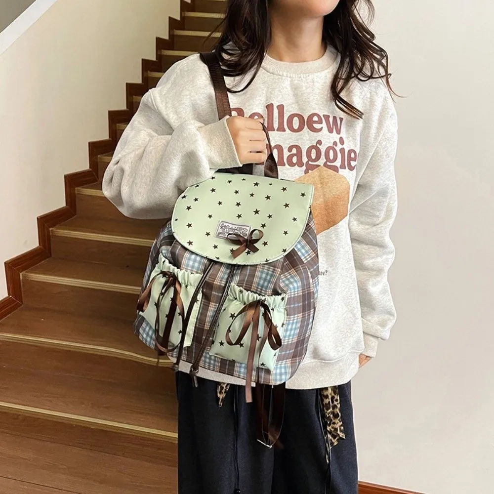 

Sweet Bow Double Shoulder Bag Star Print Contrast Color Student Schoolbags Plaid Pattern Vintage Mint Green Small Backpack