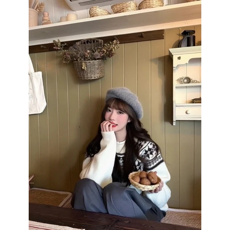 YIBASHU المرأة الأبيض منقوشة البلوز سترة Y2k خمر 2000s فحص البلوز متماسكة طويلة الأكمام س الرقبة سترة الخريف الشتاء #5