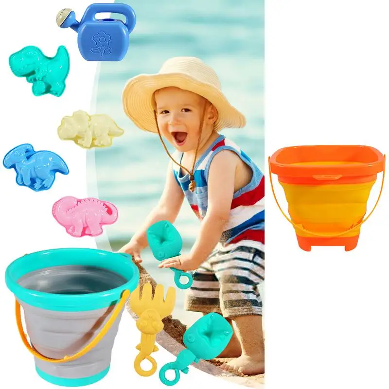 Foldable Bucket Beach Toys Outdoor Play Sand Summer Toy Set Bright Colors Play Sand Toy For Lake Beach Garden Swimming Pool Back