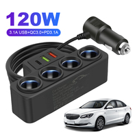 Car Cigarette Lighter Adapter QC3.0+PD 3.1A 3 USB Ports Car USB Charger 4-Socket 18W Fast Charger Plug USB Phone Charger Adapter