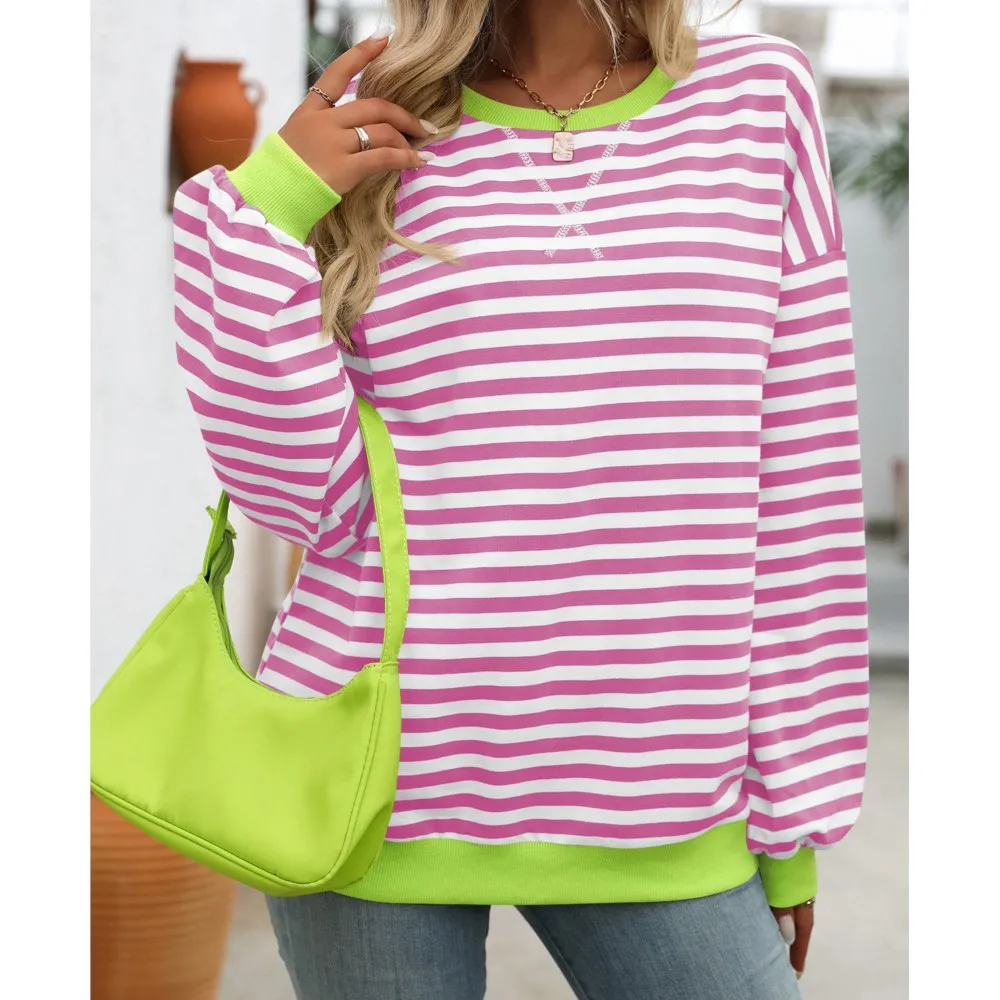 2024 Autumn And Winter New Color Striped Round Neck Loose Sportswear Sweatshirt Women's Casual Long Sleeved Pullover Hoodies Top