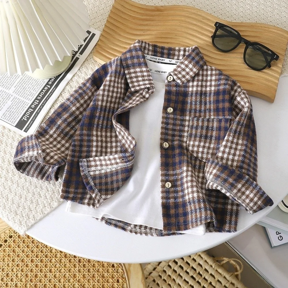 Long Sleeve Long Sleeve Shirt Plaid Pattern Contrast Color Plaid Shacket Button Down Vintage Style Kids Plaid Shirt For Boys