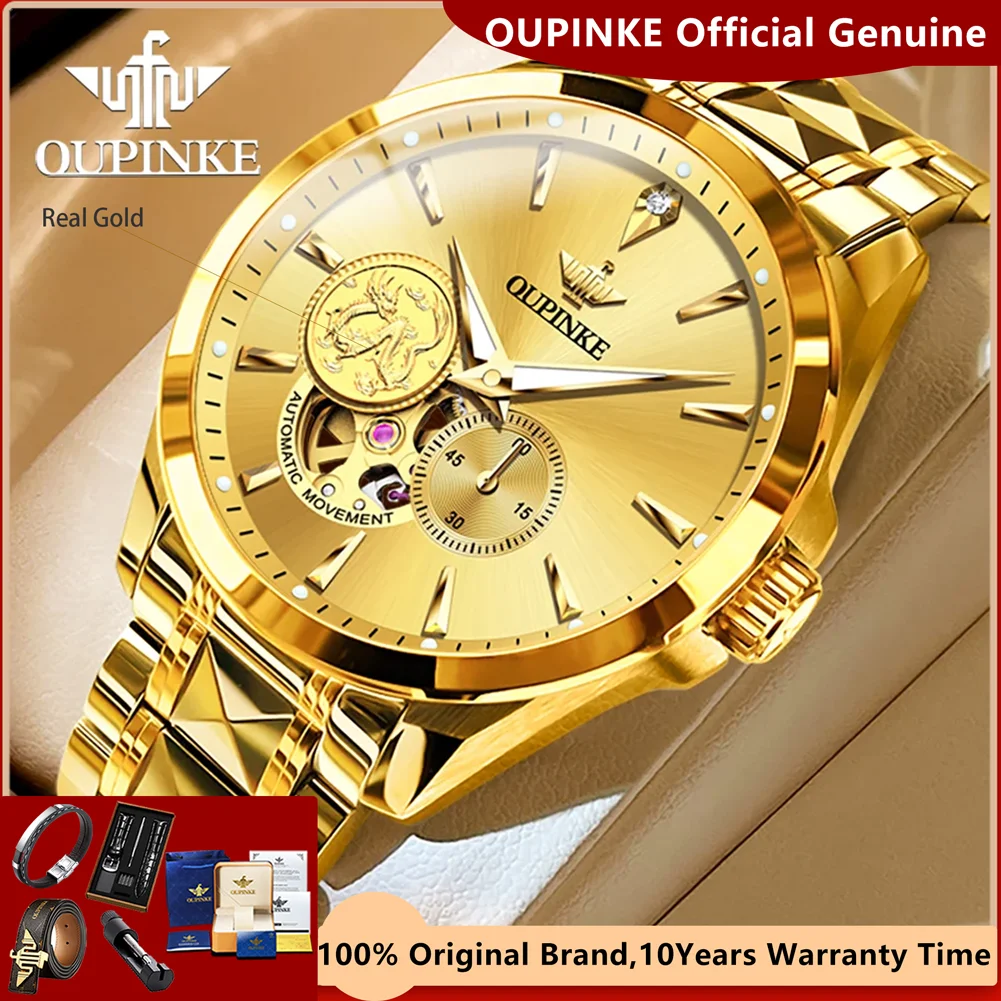 OUPINKE Real Diamond Real Gold Dragon Watch for Men Automatic Mechanical Watches Luxury Brand Original Skeleton Chrono Man Watch