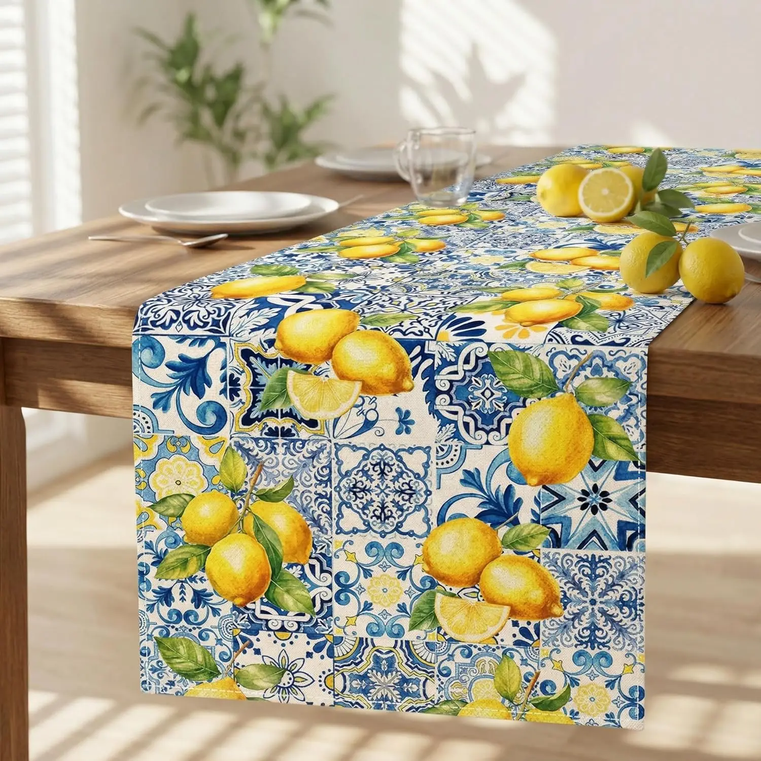 Summer Lemon Blue Tiles Linen Table Runner Home Decorations Washable Yellow Lemon Leaves Kitchen Dining Table Runner Party Decor