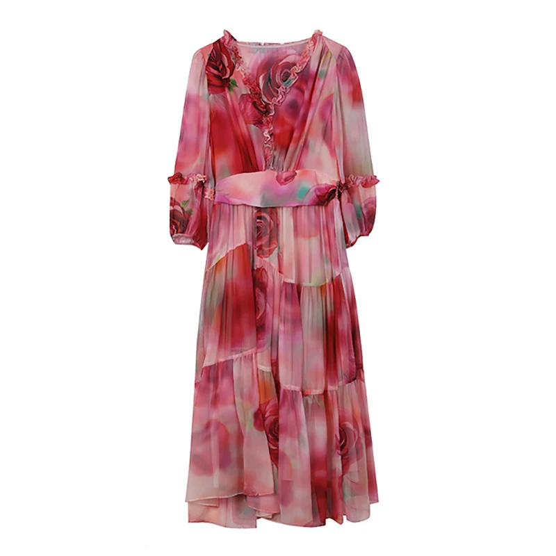 Damen Vintage Elegantes Abendkleid Frühling Urlaub Boho Hepburn Vessios Sommer Luxus Seide Blumen Lässig Midi XQ324