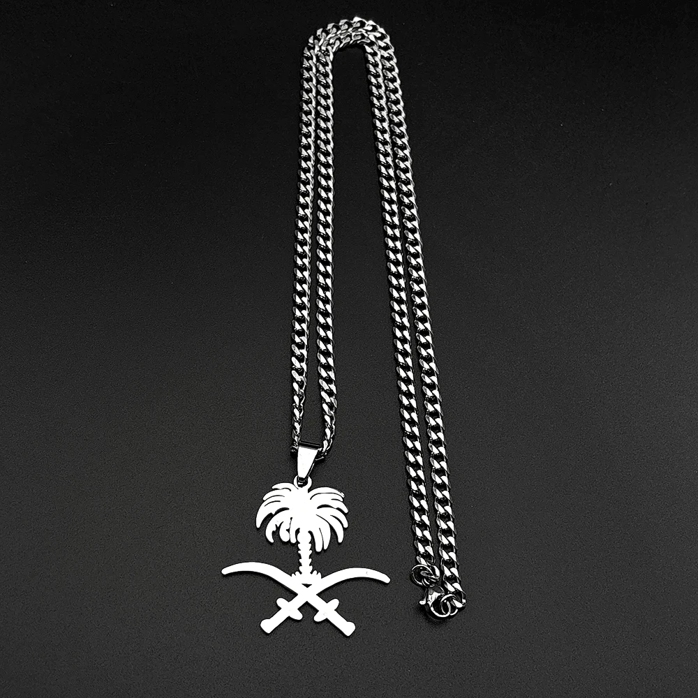 Saudi Arabia National Emblem Palm Tree Crossed Ali Sword Pendant Necklace Stainless Steel Gold Color Islamic Arab Chain Jewelry - view 3
