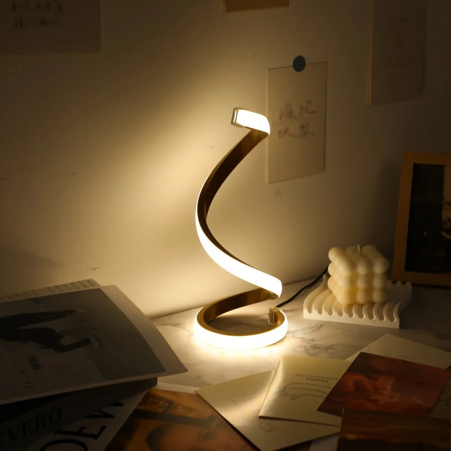 Modern LED table light with USB - adjustable brightness, warm white light, spiral design, suitable for bedroom, living room, off