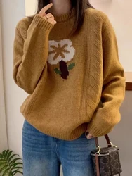 Jmprs Vintage Floral Sweaters Women Loose Korean Casual Knitted Jumpers Long Sleeve O Neck Retro Female Sweet Cute Fall Tops New