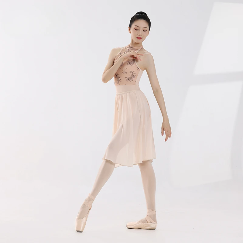 Women Chinese Inspired Ballet Leotard Lace High Neck Detachable Flower Cut-Out Design Dancewear Gymnastics Training Body Suit