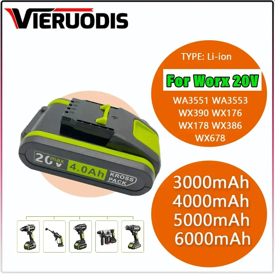 

20V 4000 MAh Lithium Battery Suitable for Worx WA3551 WA3553 WX390 WX176 WX178 WX386 WX678