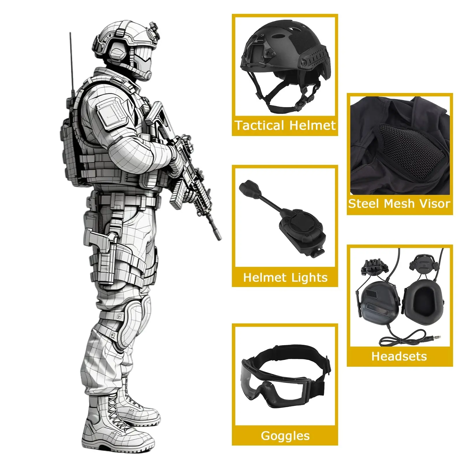 Tactical Airsoft Helmet Set with Mask Heandset Outdoor Field Protection Adjustable Helmet for Paintball CS Movie and TV Props