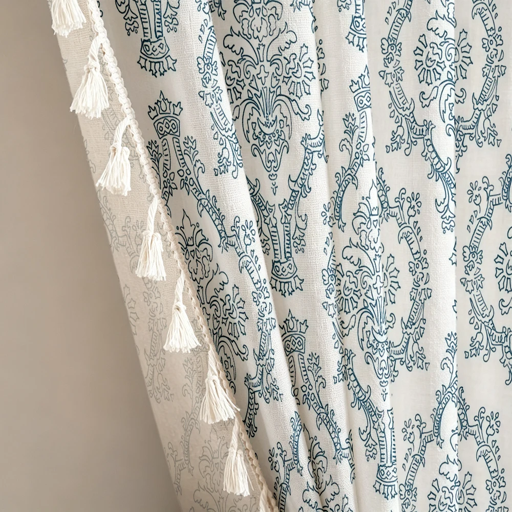 1PC Farmhouse Tassel Sheer Curtains, Damask Scroll, Digital Print, Linen Polyester, for Bedroom Living Room Window, Room Decor