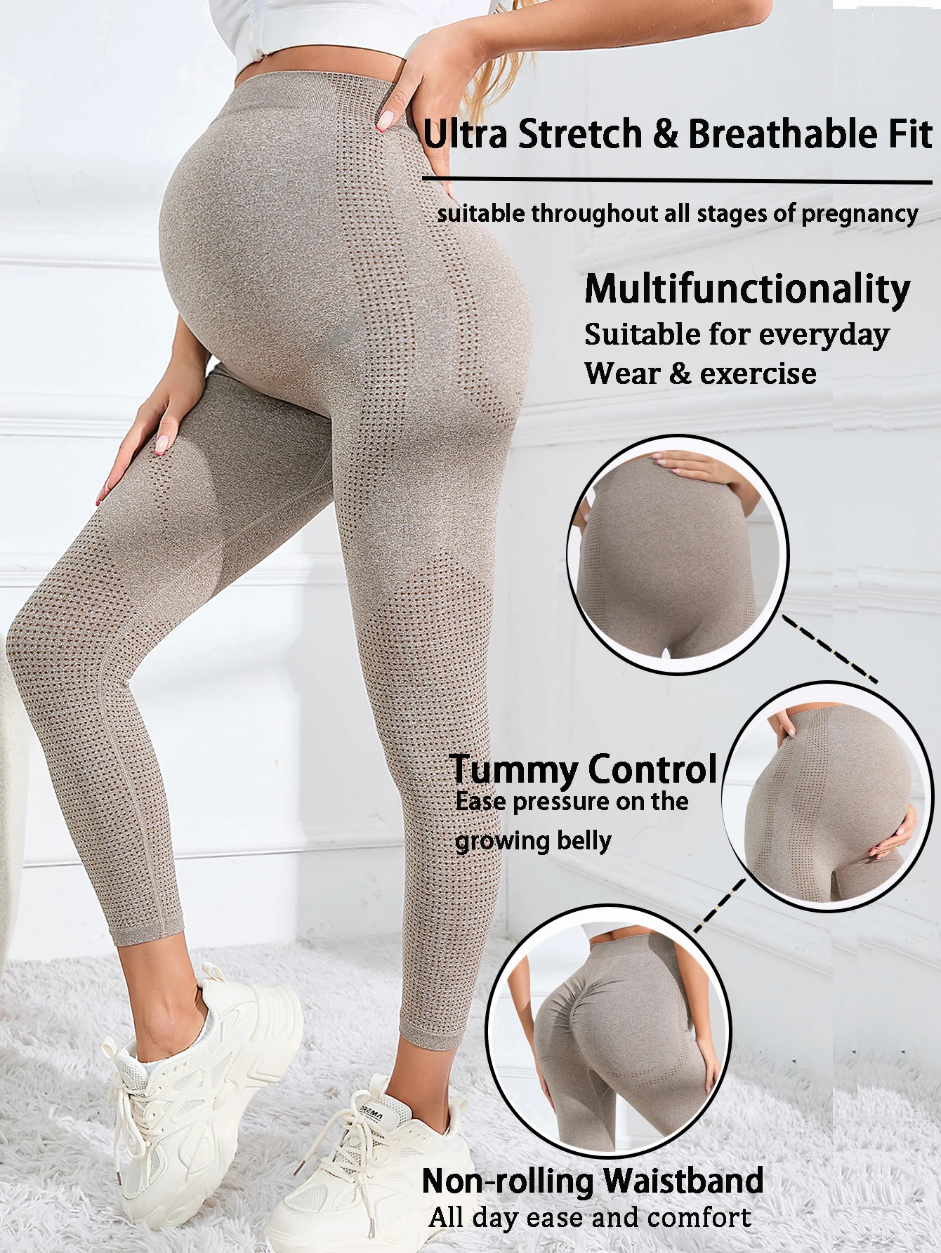 Leggings de maternité sans couture en maille ajourée, taille haute, respirants, extensibles et doux, pour femmes enceintes, idéaux pour le yoga et le fitness