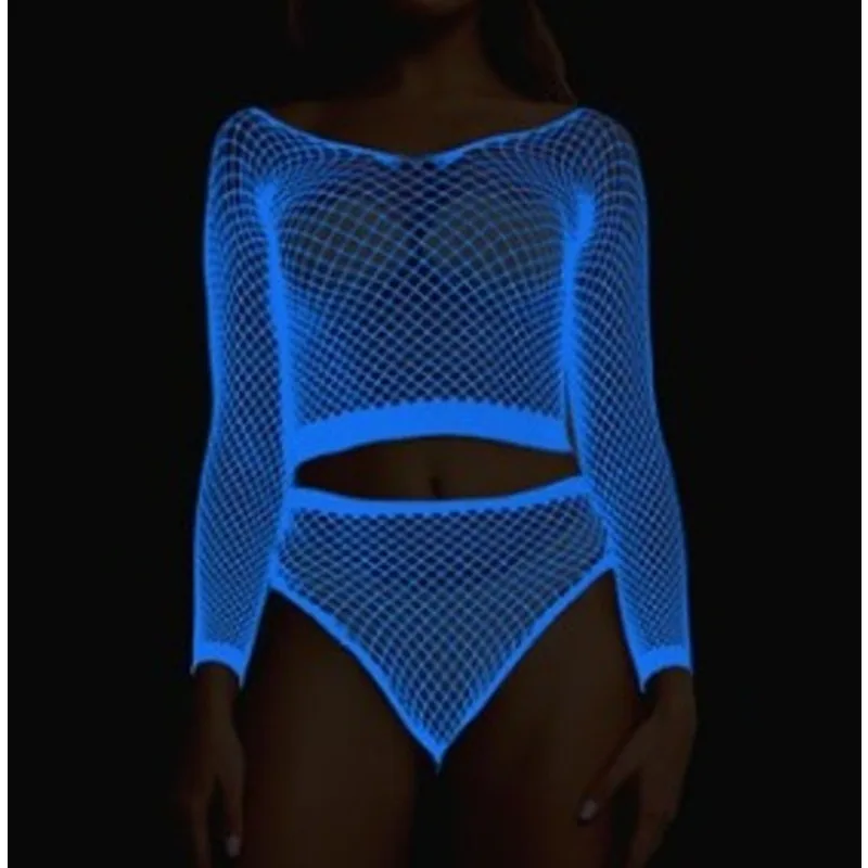 

Blue Glow The Dark Lingerie Set Hollow Out Fishnet Bodystocking Luminous Sheer Mesh Outfit Ladies Sexy Erotic All One