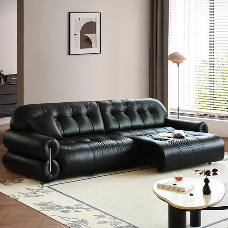 

French retro brown sugar cloud leather sofa first layer cowhide telescopic straight push electric function sofa bed antique