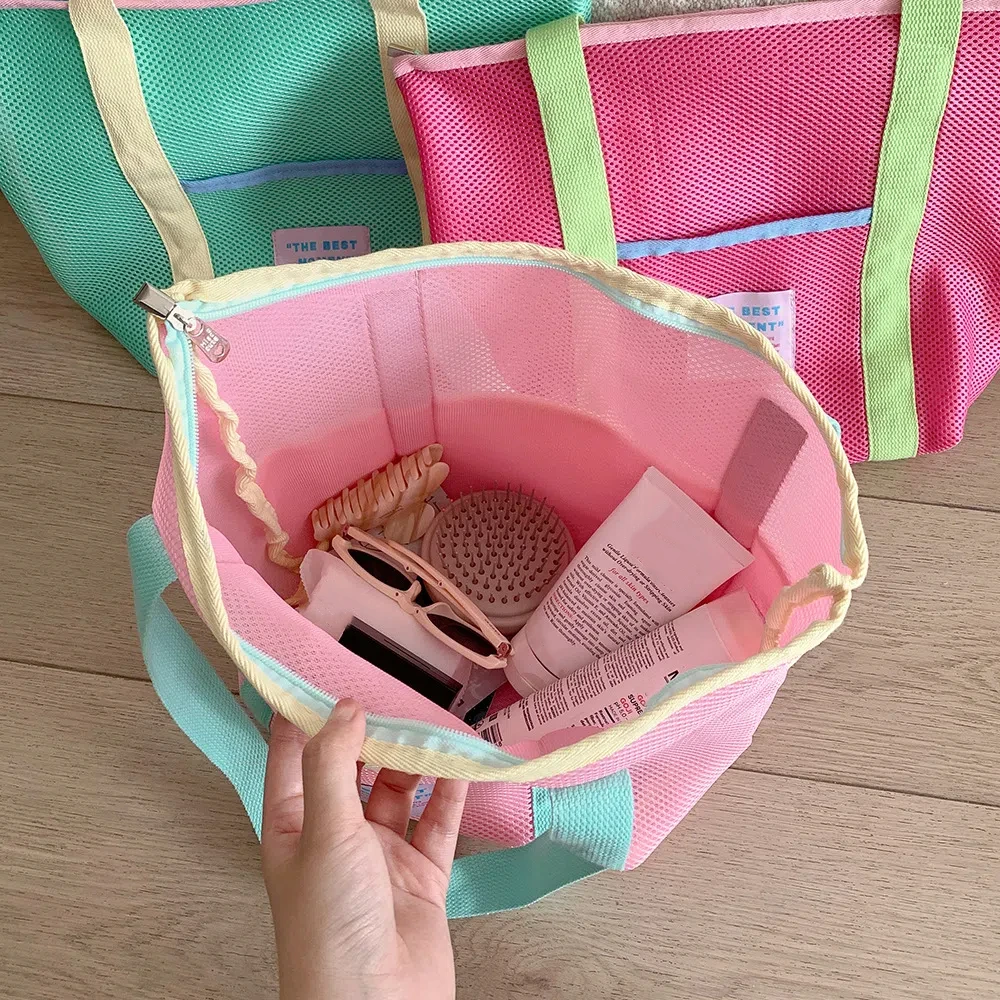 حقيبة كتف شبكية ملونة، حقيبة تدريس للطلاب، حقيبة تسوق شبكية خفيفة الوزن، حقيبة يد شبكية محمولة للنساء #2