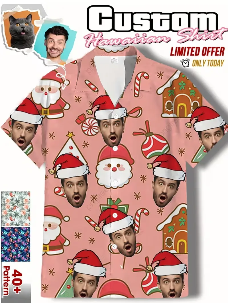Men Custom Face Hawaiian Shirt Personalized Photo Santa Candy Cane Gingerbread House Christmas Short Sleeve Button Down Shirt