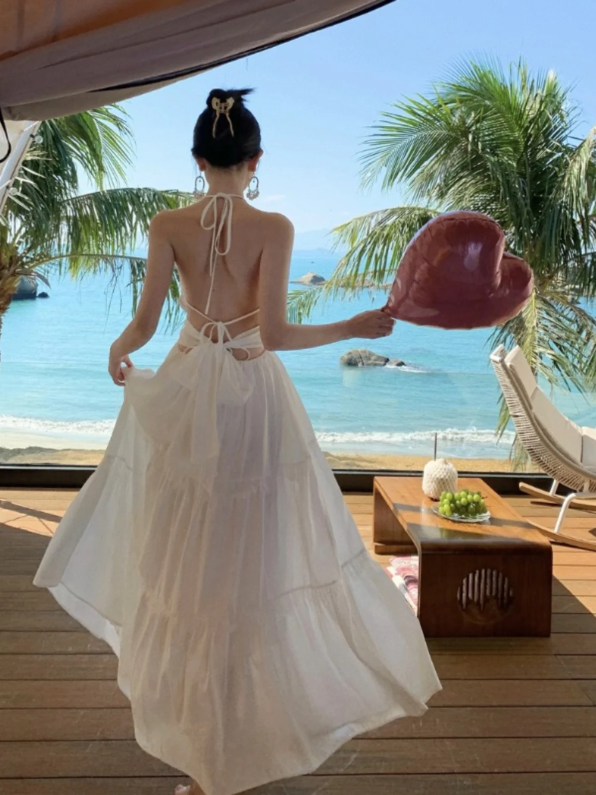 Sanya Beach Dress Women Backless Long Summer Coast Photography Clothes Ultra Fairy White Large Skirt A-Line Gown Polyester