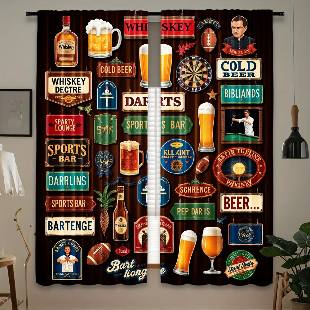 2pcs Whiskey Beer Bar Curtains Sports Lounge Print Blackout Drape Living Room Bedroom Window Treatment Home Decor