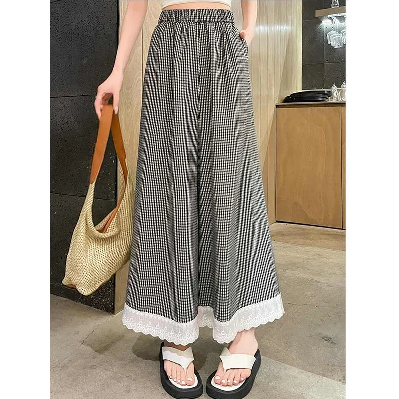 

Oversized Korean Lace Plaid Elastic Waist Wide Leg Pants Ladies Simplicity Fashion All-match Patchwork High Waist Loose Trousers