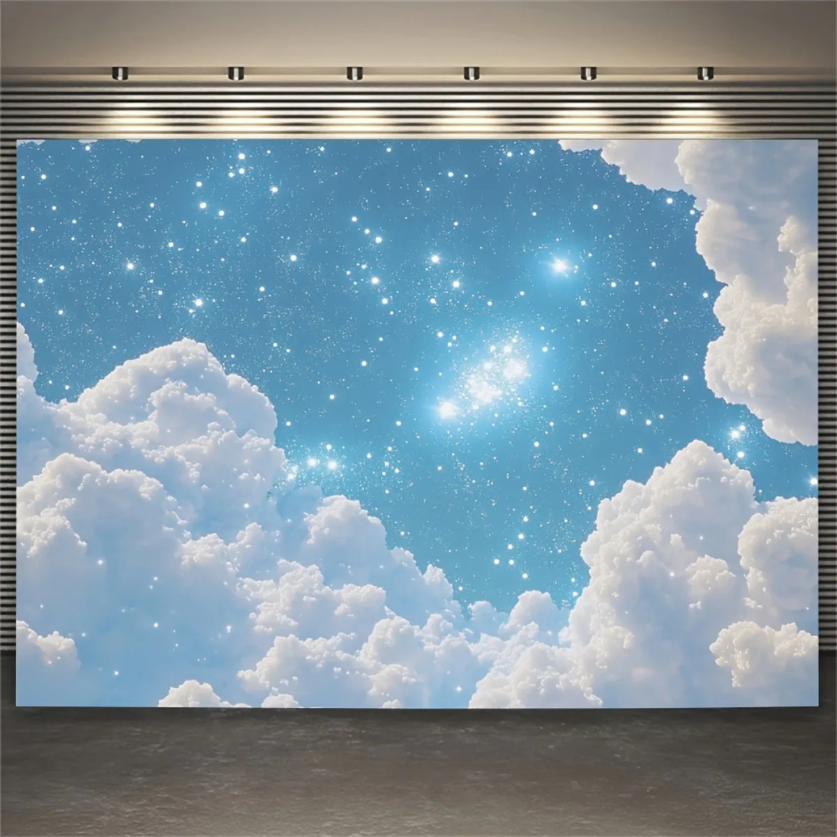 Extra Large 3D Blue Sky Starry Night Tapestry Wall Hanging - Friendly 3D Cloud & Star Design with Twinkling Effect, Dreamy Celes