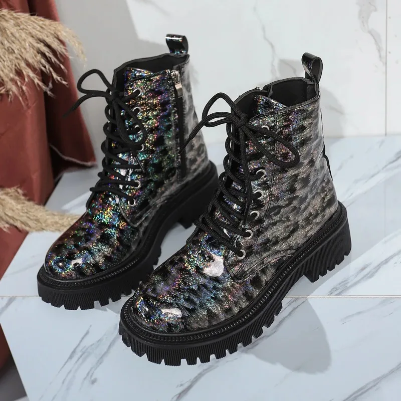 

New Autumn and Winter Women's Boots Casual Inner Height-enhancing Sequin Boots Large Size Front Lace-up Comfortable Women Boots