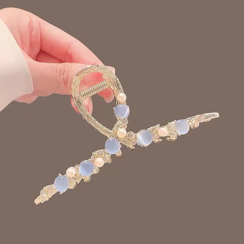 

High-end Opal Pearl Rhinestone Leaf Hair Claw Shark Clip Women's Back of Head Hair Grip Alloy Korean Style Hair Accessories