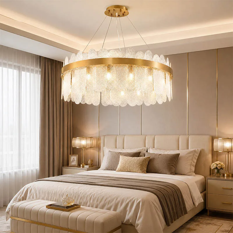 Gold Metal Textured Glass Chandelier, G9 Socket 12‑Light Round Pendant Lamp 3‑Color Temp for Living Dining Room